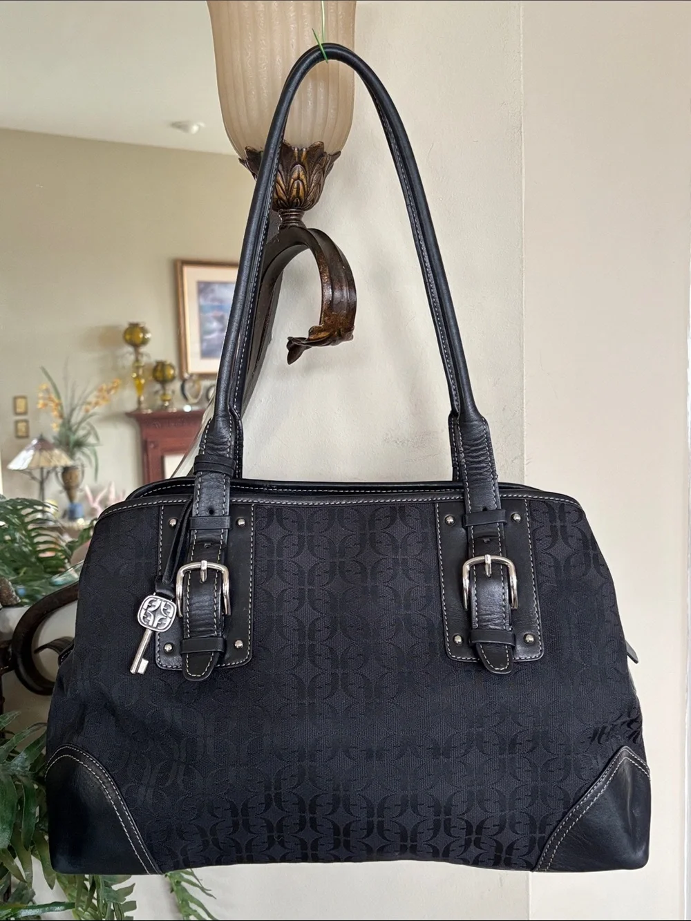 Vintage Y2K Fossil Large Black Canvas w/ Leather Trim Shoulder Bag Satchel Purse